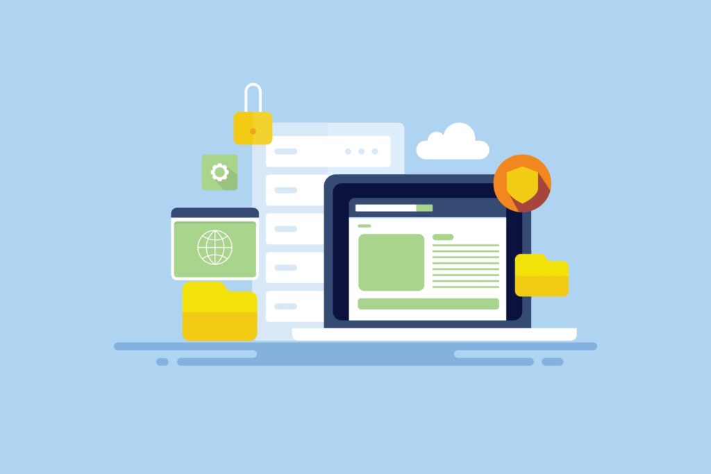 Illustration von Webhosting-Servern und Website-Dashboard