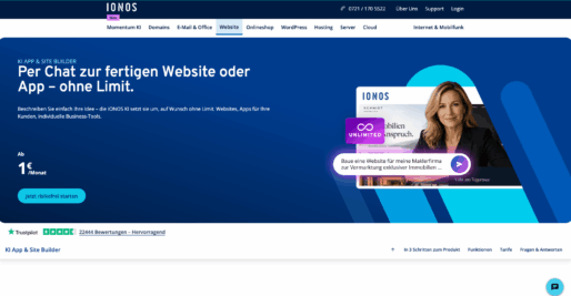 Der Website-Baukasten von IONOS mit geöffneter Branchenvorlage