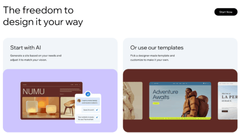 The Wix editor, showing the drag-and-drop canvas and a template layout